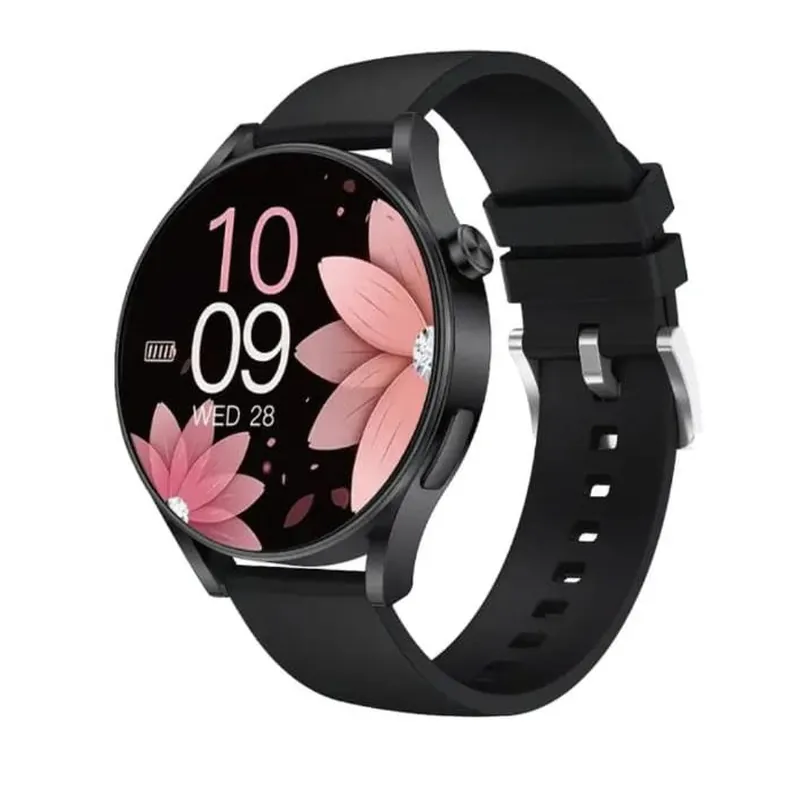 Reloj inteligente redondo con correa negra de silicona y pantalla con flores rosadas.